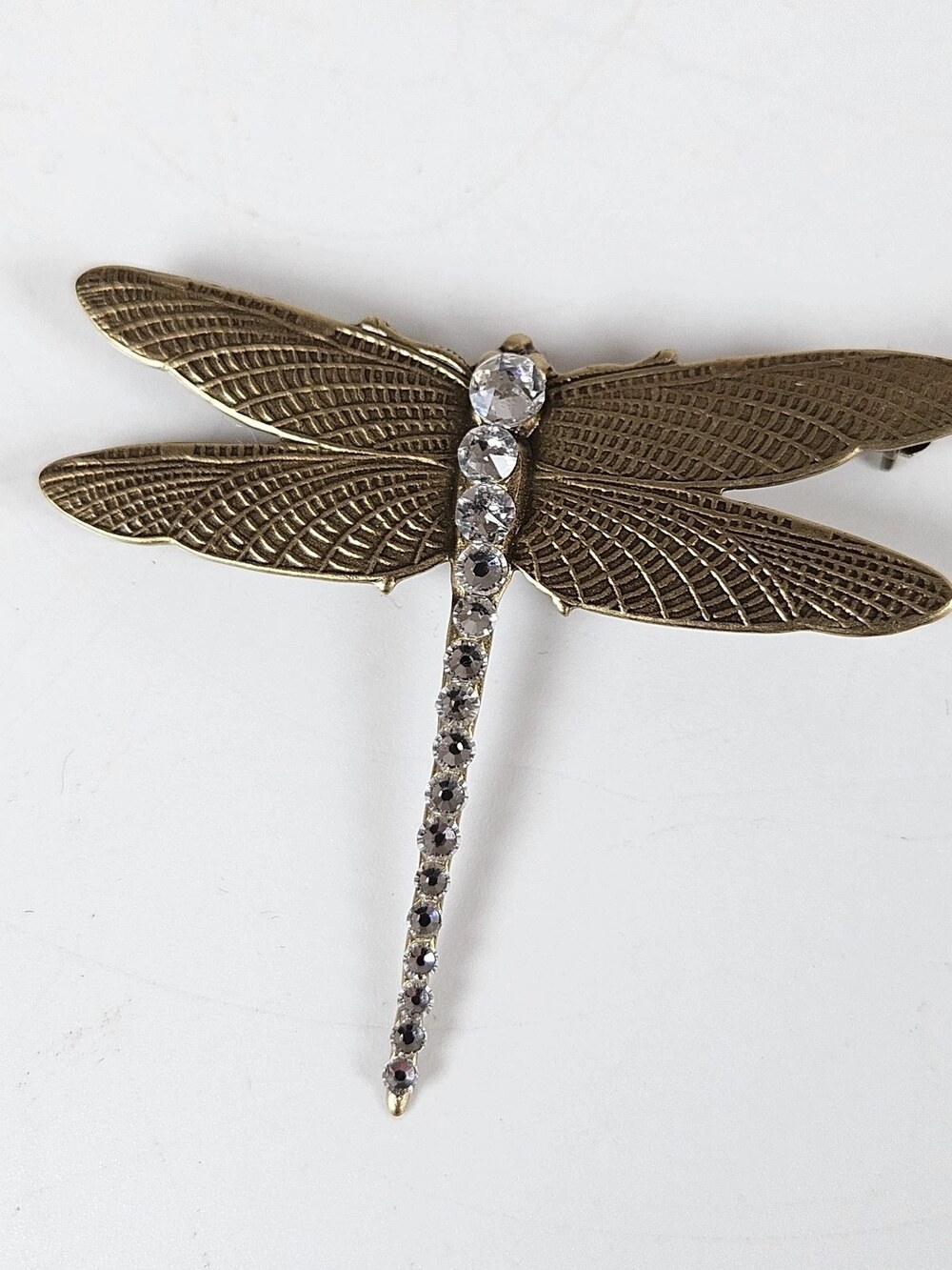 Anne Koplik Dragonfly Brooch Pin Antique Gold Crystal Rhinestone